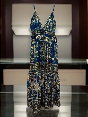 NWT Dress Nado Women’s Teal & Gold Floral-Scroll Maxi Dress w/V-Neck-M